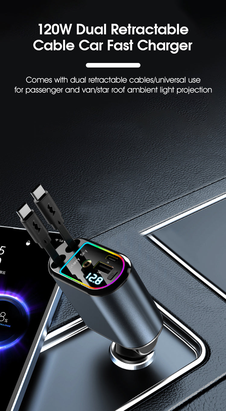 120W 4-in-1 Retractable Car Charger | USB-C & iPhone Fast Charging