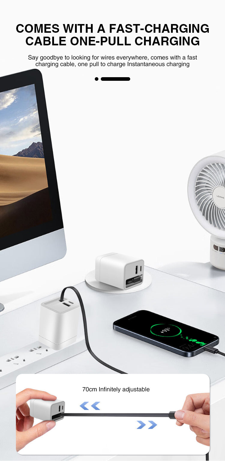 New 65W PD USB Type C 3-in-1 Retractable Charger Adapter Super Fast Charging 65W Expansion Cable Fast Charger