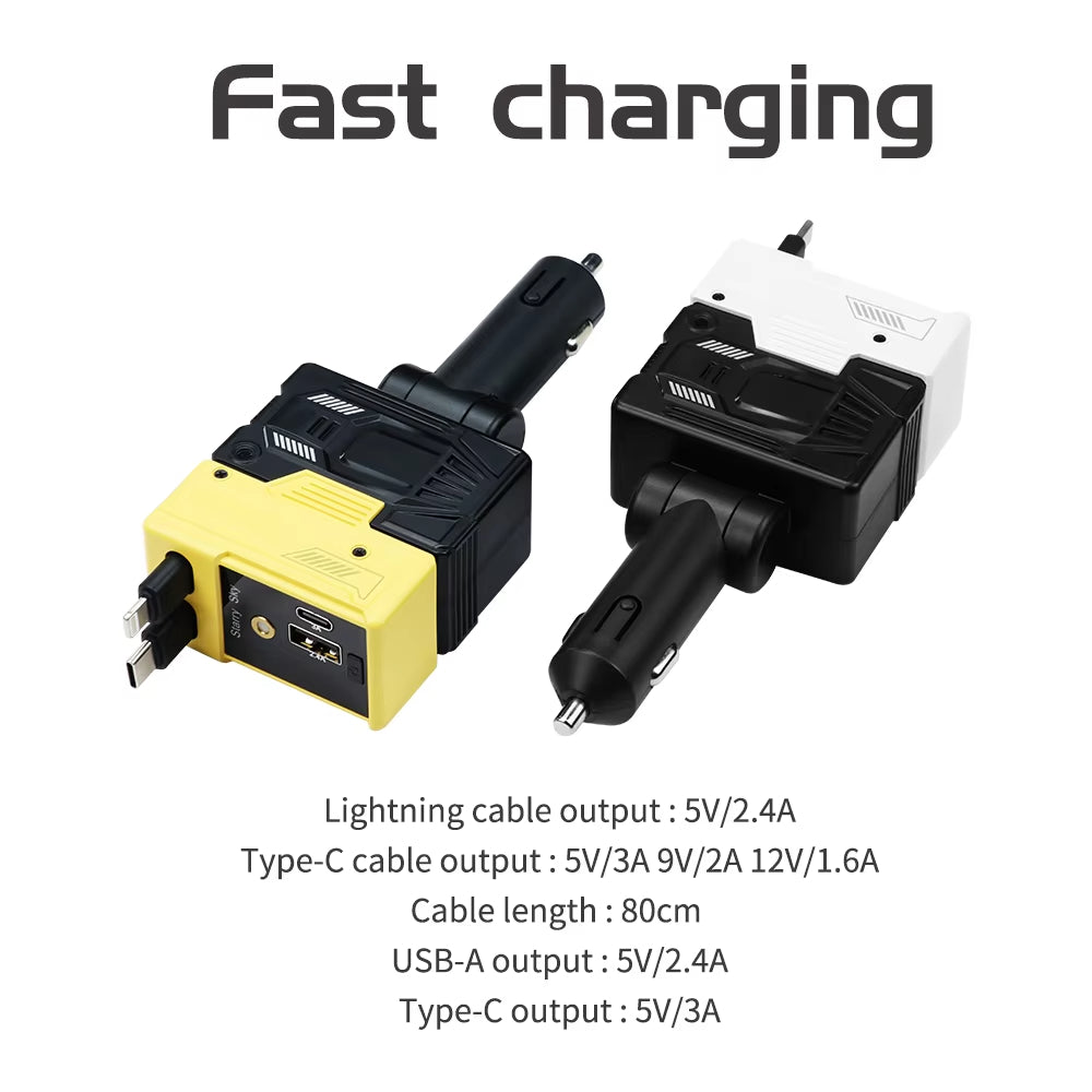 120W Car Charger Adapter with Usb Type c Fast Charging Cable 4 in 1 Retractable Car Charger with Starry Lights