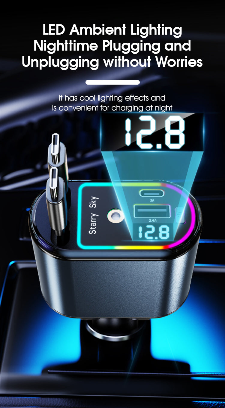 120W 4-in-1 Retractable Car Charger | USB-C & iPhone Fast Charging