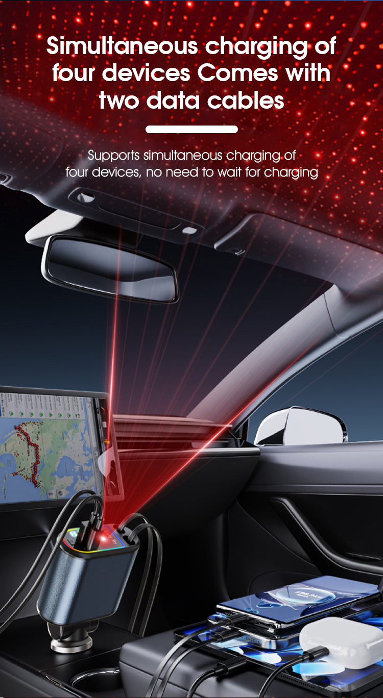 120W 4-in-1 Retractable Car Charger | USB-C & iPhone Fast Charging