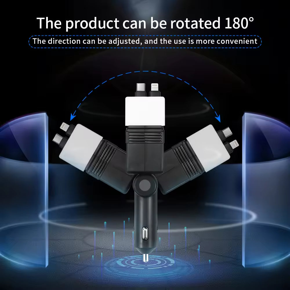 120W Car Charger Adapter with Usb Type c Fast Charging Cable 4 in 1 Retractable Car Charger with Starry Lights