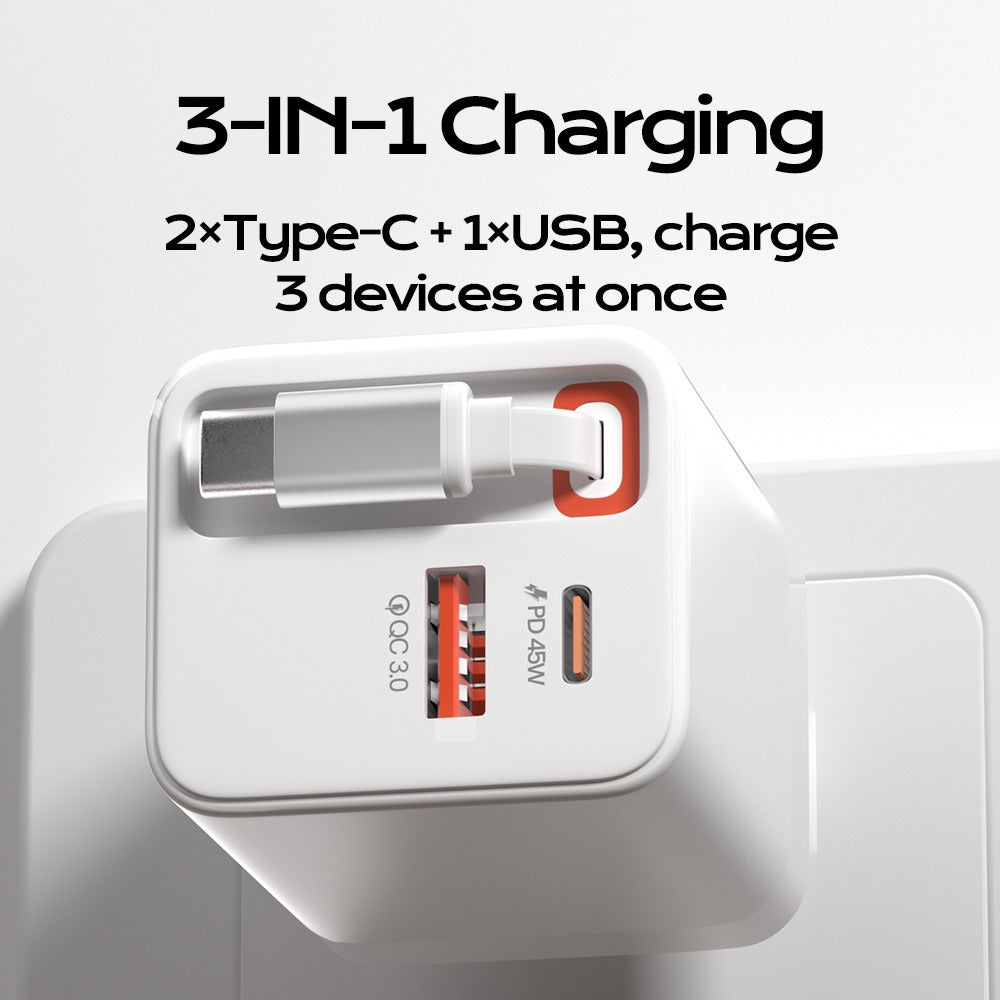 TurboCharge Pro™ GAN 65W PD 3-in-1 Retractable Type-C Fast Charger