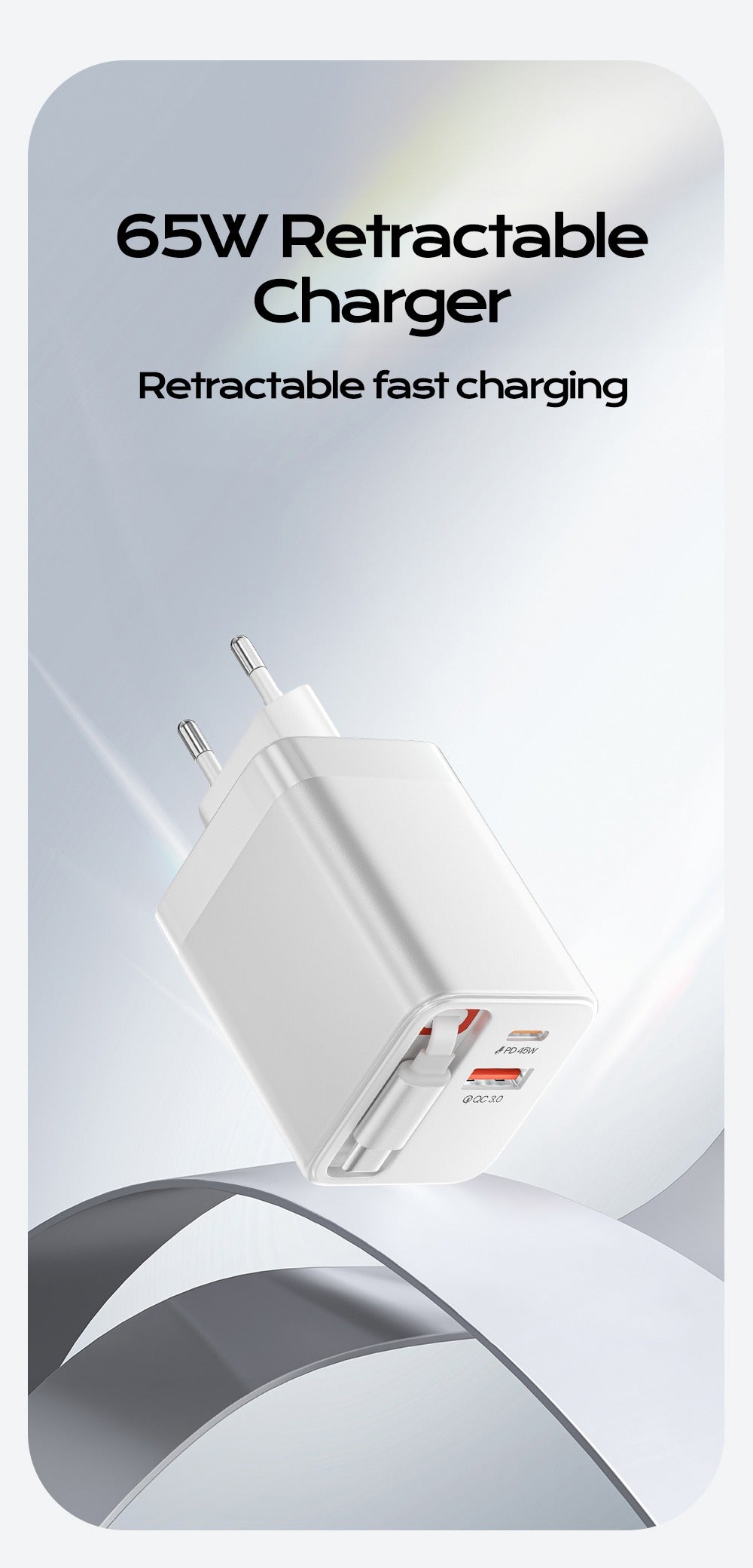 TurboCharge Pro™ GAN 65W PD 3-in-1 Retractable Type-C Fast Charger